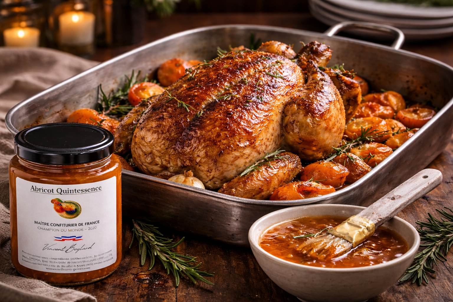 Poulet rôti aux abricots, jus de confiture et romarin